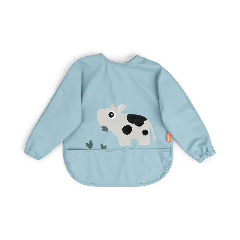 Done By Deer Sleeved Pocket Bib Tiny Farm Blue 3 Done By Deer Sleeved Pocket Bib Tiny Farm Blue